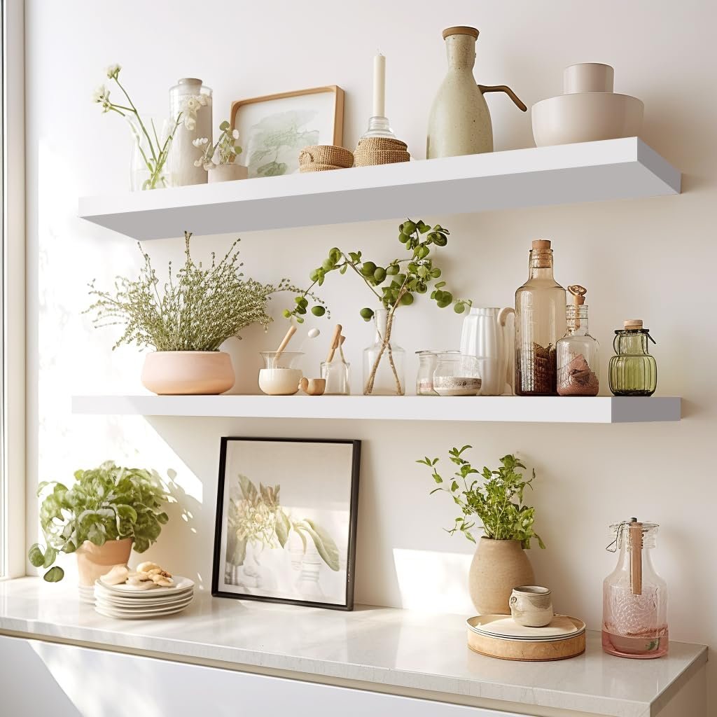 LaVie Home Floating Shelves, 36 Inch Wall Shelf Set of 2, Hanging Shelf with Invisible Brackets, Wall Decor for Bathroom, Bedroom, Living Room, Kitchen Storage, Modern White - Image 4