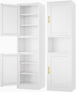 Tall Narrow Storage Cabinet 66.93″ H Tall Bathroom Cabinets Metal Pantry Cabinet, 4 Adjustable Shelves for Kitchen, Home Office, Living Room, Dinning Room (16 inches Wide White)