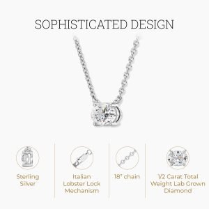GILDED 1/2 CTTW Lab-Grown Diamond Solitaire Pendant, Sterling Silver, 18″ Chain, Tarnish-Resistant, Ethical Jewelry, Gift-Ready for Women