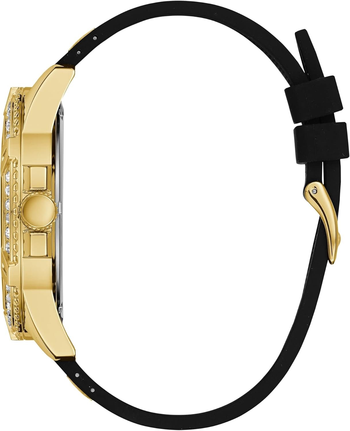 GUESS Comfortable Gold-Tone Black Stain Resistant Silicone Watch with Crystal Embellished Day, Date + 24 Hour Military/Int'l Time. Color: Black (Model: U1132G1) - Image 3