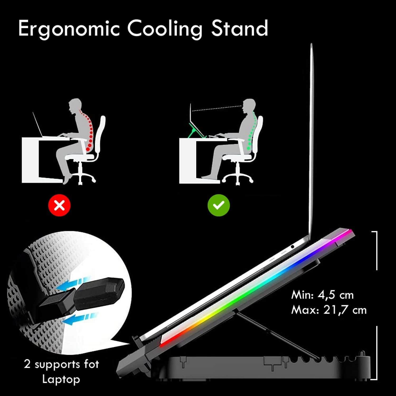 Ewent EW1260 - Laptop Stand and Fan - Quiet - 6 Adjustable Speed Fans - for Laptops up to 17" - LCD Screen - 2 USB Ports - 7 LED Lights - Ergonomic Design - Image 5