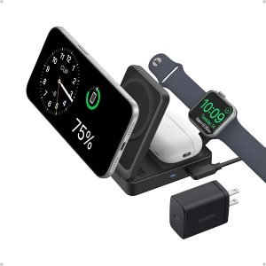 Anker MagGo 3 in 1 iPhone 17 Charging Station, MagSafe-Compatible Wireless Charger Stand, Qi2 Certified 15W Foldable Charger for iPhone 17/16/15/14/13/12, AirPods, Apple Watch Ultra(Adapter Included)