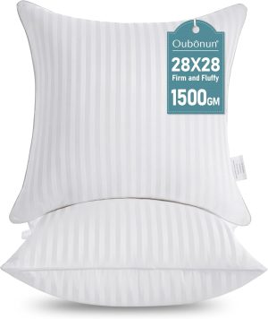Oubonun 28 x 28 Throw Pillow Inserts, Firm and Fluffy Decorative Square Pillows for Couch Bed Sofa with Soft Cotton Cover White Cushion with Down Alternative Pack of 2