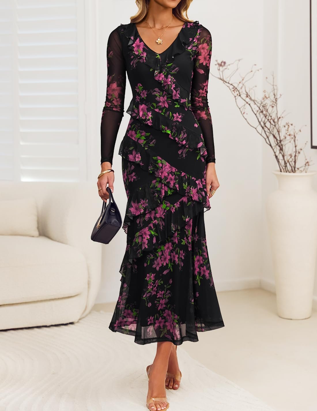 ZESICA Women's Fall Floral Long Sleeve Maxi Dress 2025 Boho Bodycon V Neck Ruffle Wedding Party Long Dresses - Image 2