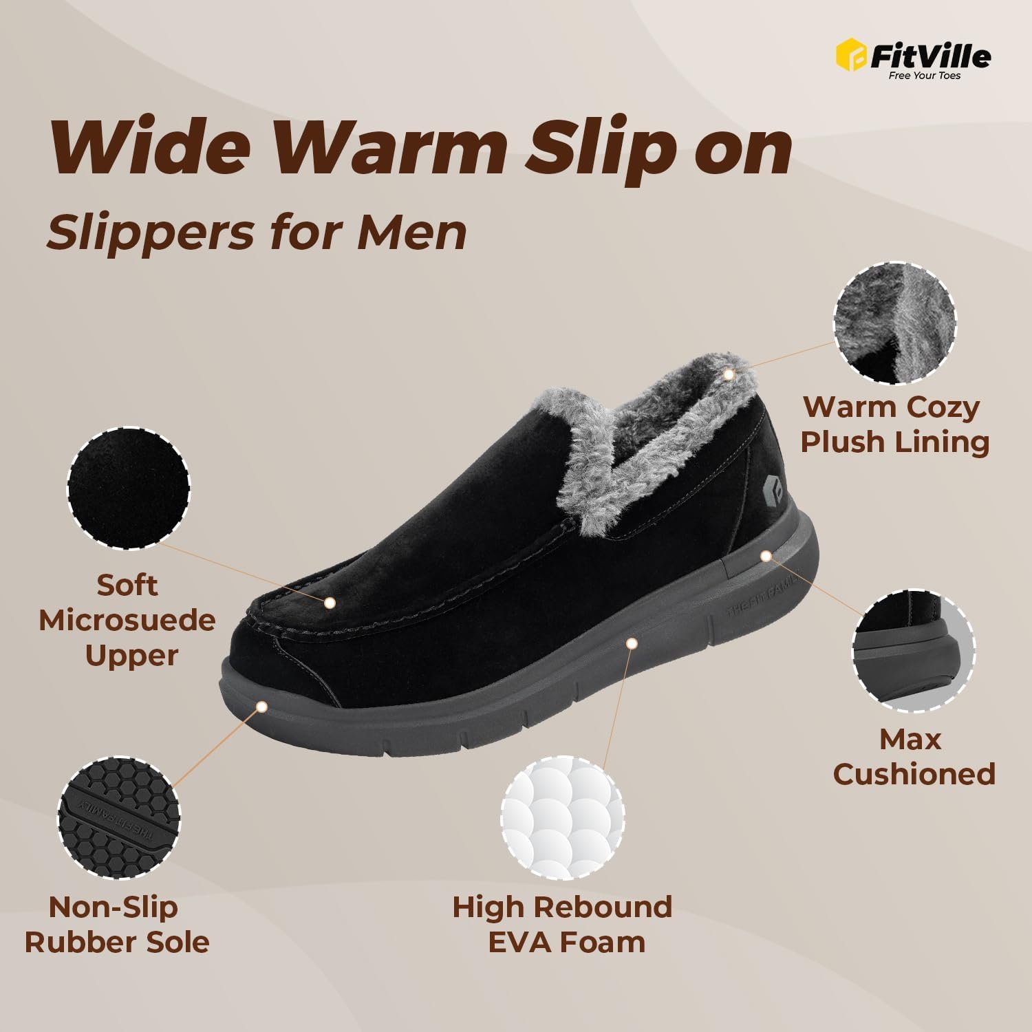 FitVille Extra Wide Men Slippers Slip-on House Slipper Non Slip Orthopedic Winter Shoes for Flat Feet Indoor & Outdoor - Image 5