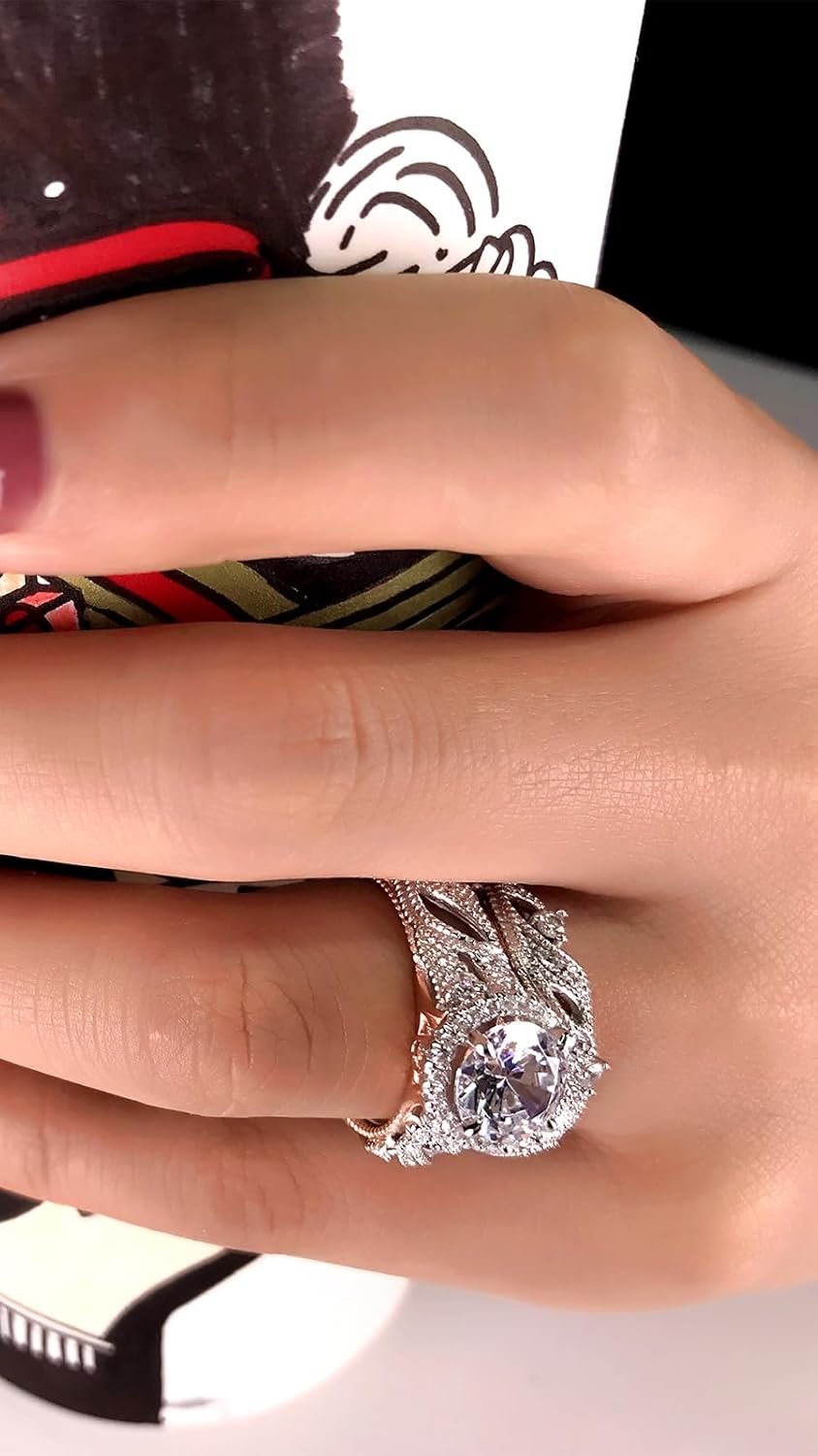 Jeulia 4 Carat Openwork Ring Sets for Women 925 Sterling Silver Wedding Sets Rose Gold Round Cut Halo Engagement Ring White Diamond band CZ Solitaire Anniversary Promise Rings - Image 7