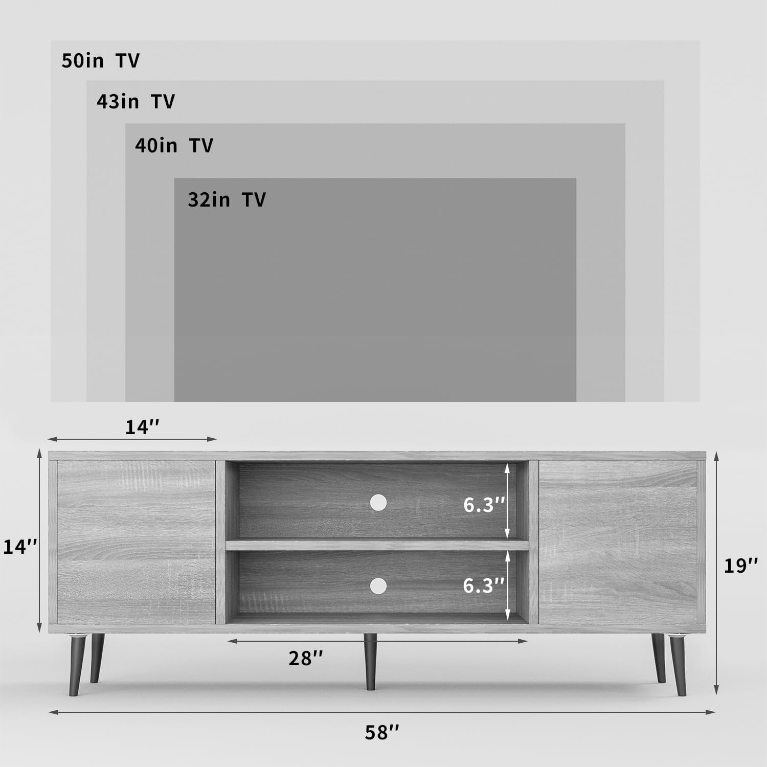 JUMMICO TV Stand for 65 Inch TV, Mid Century Modern TV Stand, Entertainment Center with Storage Cabinet and Open Shelves, TV Console Table Media Cabinet for Living Room, and Bedroom (Light Gray) - Image 3