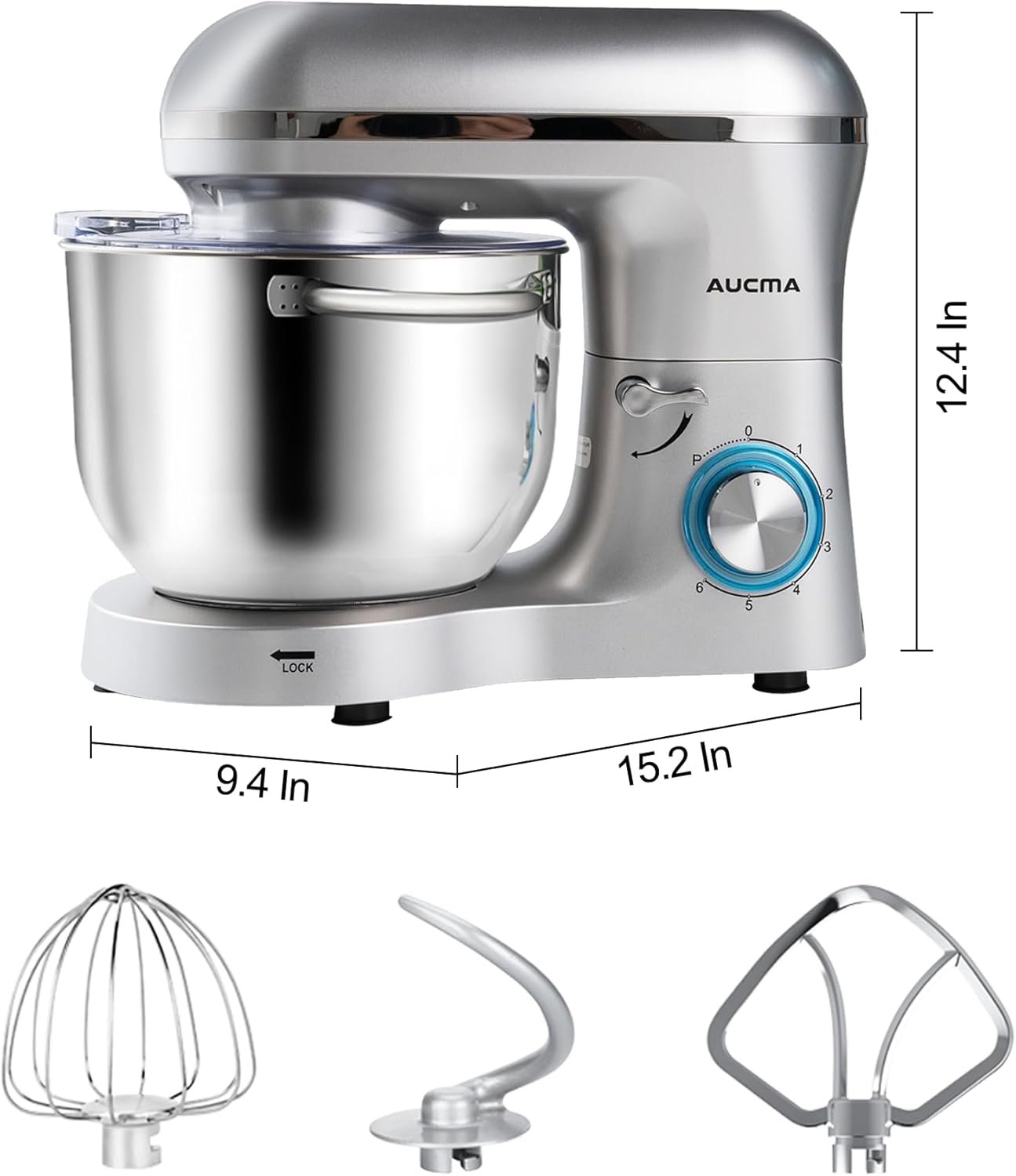 Aucma Stand Mixer,6.5-QT 660W 6-Speed Tilt-Head Food Mixer, Kitchen Electric Mixer with Dough Hook, Wire Whip & Beater (6.5QT, Silver) - Image 4