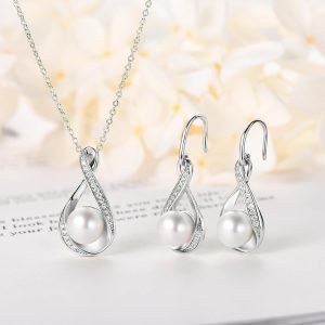 Sterling Silver Pearl Jewelry Set with Shiny Moissanite, Real Freshwater Pearl Earrings Necklace for Women, Wedding Jewelry for Brides Bridesmaid, Mother’s Day