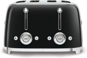 Smeg 50’s Style Retro Aesthetic 4 Slice Toaster 6 Presets Extra Wide Slots Black TSF...