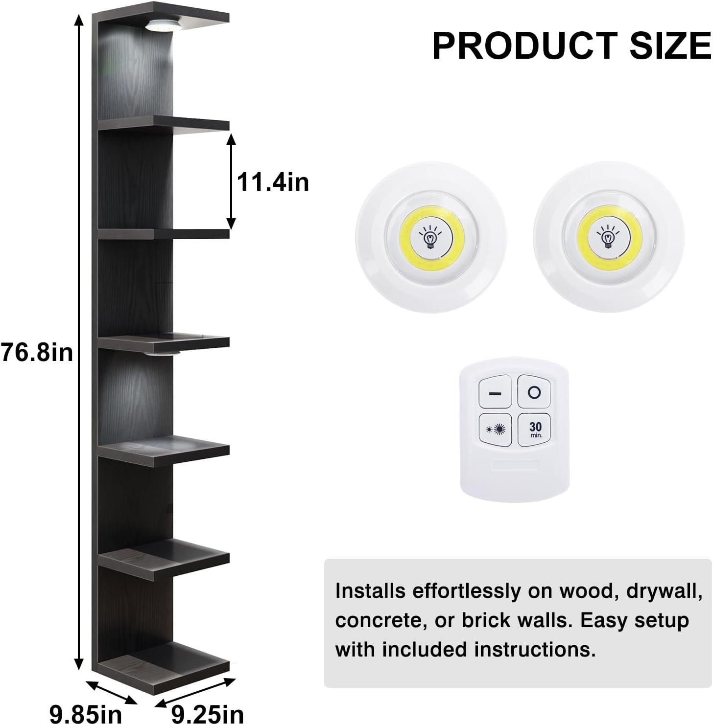 Fixwal 7 Tier Wall Mounted Shelf Unit Black Floating Shelves with LED Lights Lack Wall Shelf for Home Decor Organizer Display - Image 3