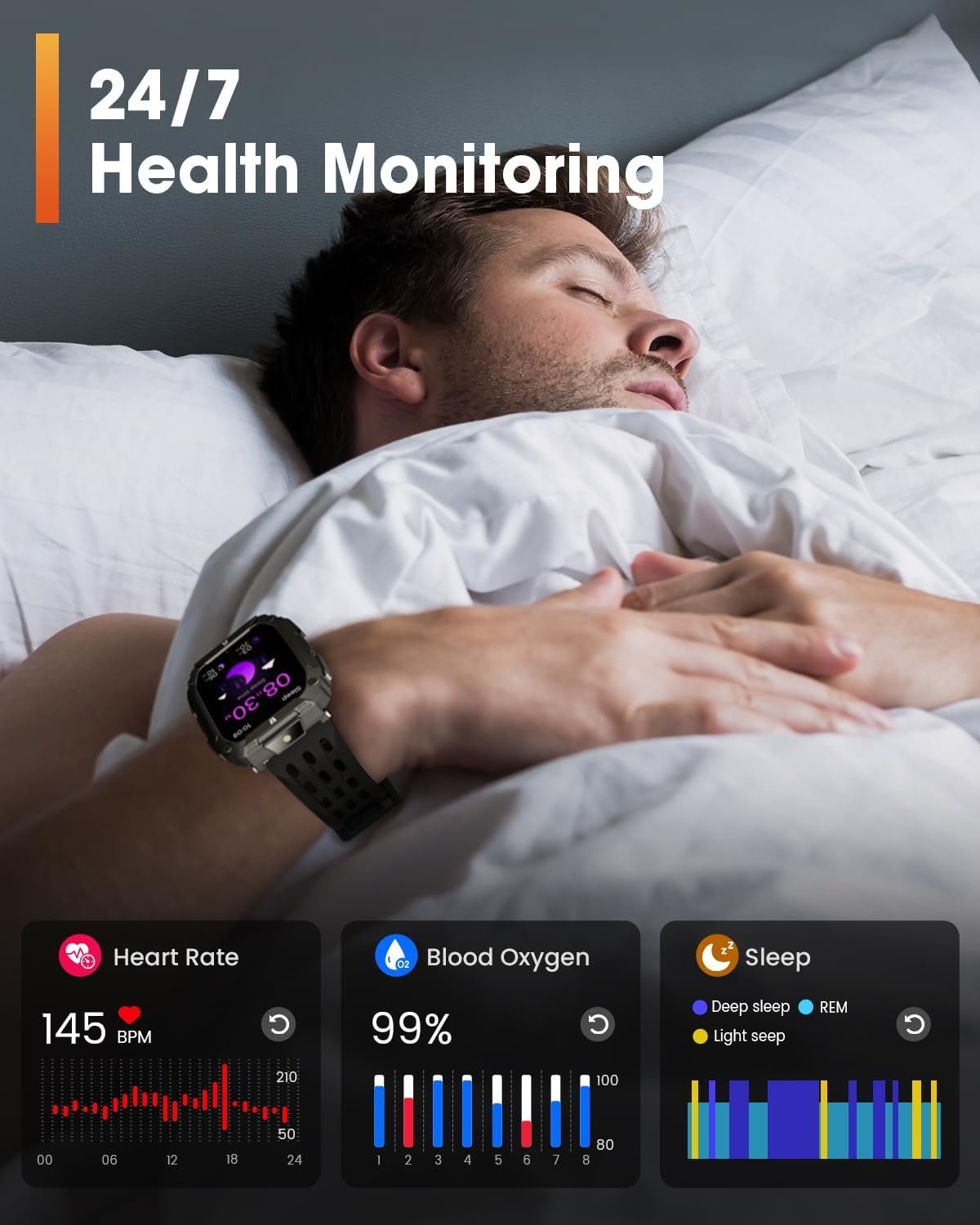 Smart Watches for Men, Military Smart Watch with 100 Days Battery/LED Flashlight, 1.95'' Fitness Watch with Heart Rate/ Sleep Monitor/100+ Sports Mode, 5 ATM Rugged Smartwatch for Android and iPhone - Image 5