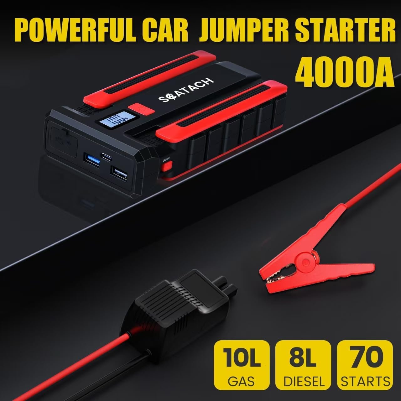 Scatach 002 4000A Car Battery Jump Starter,12V Jump Starter Battery Pack (up to 10.0L Gasoline and 8.0L Diesel Engine), Portable Jump Box with LED Display, 3 Modes Flashlight and Jumper Cable - Image 2