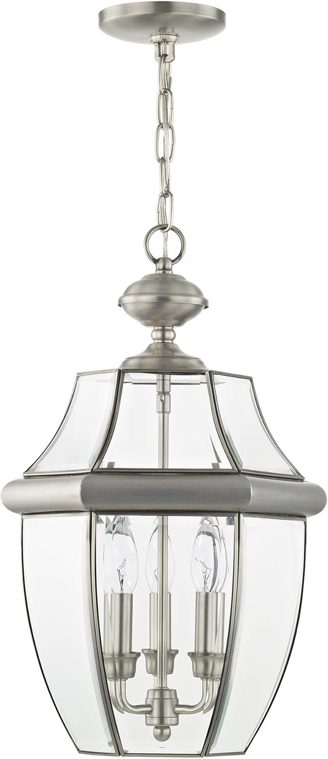Livex Lighting 2355-91 Monterey 3 Light Outdoor Brushed Nickel Finish Solid Brass Hanging Lantern with Clear Beveled Glass - Image 4
