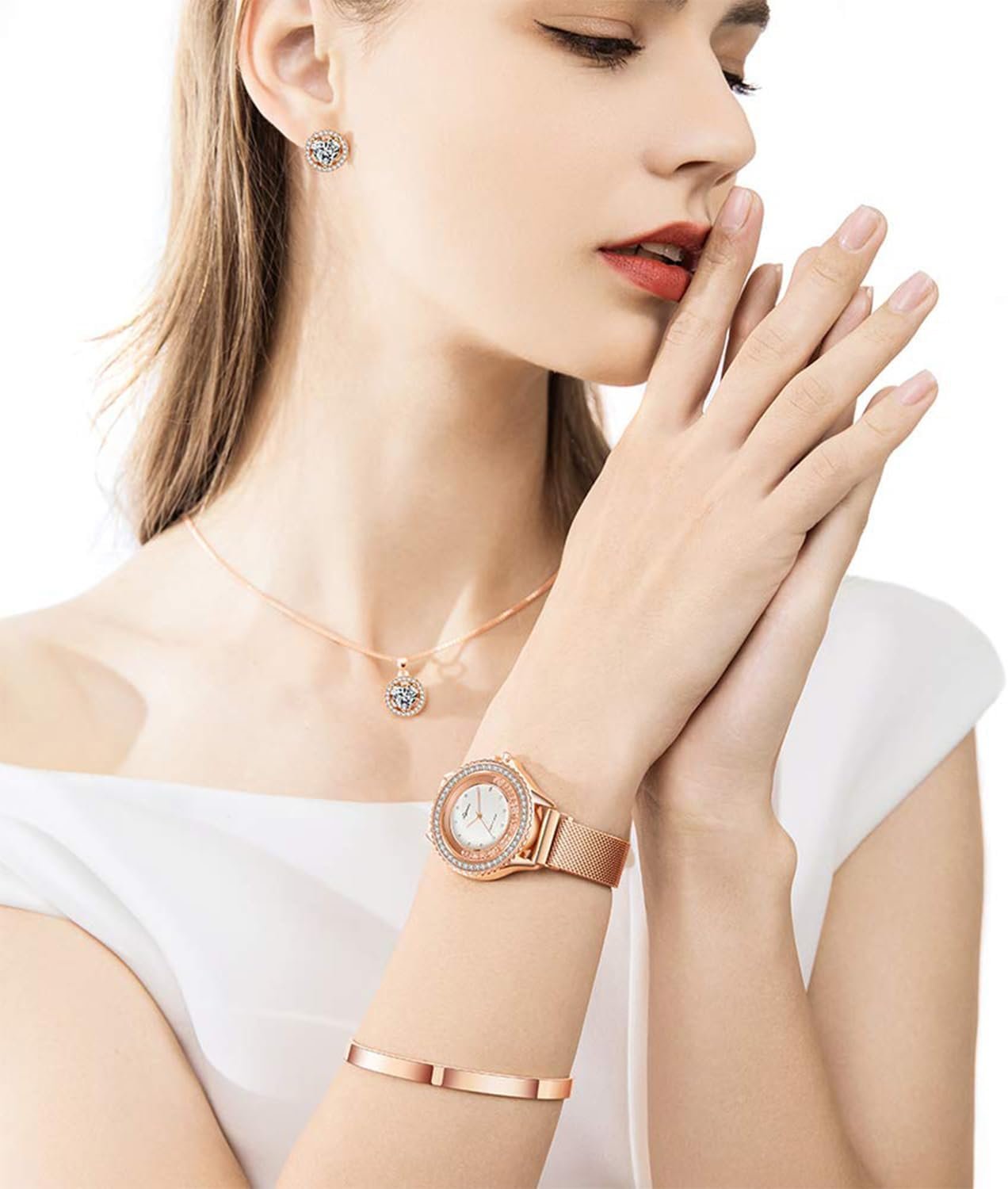 Watches Sets for Women, Rose Gold Watch Set Necklace Earring Bracelet 4 Pieces Jewelry Set for Mom Wife Girlfriend - Image 2