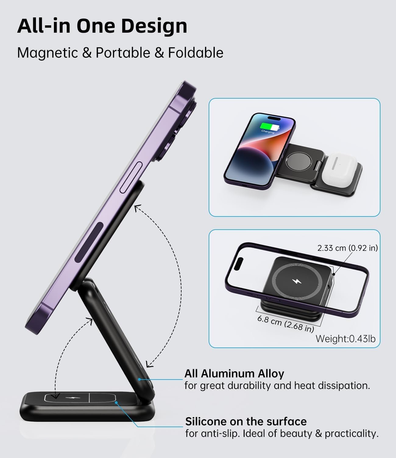 Foldable Magnetic Wireless Charger, KU XIU X40 Aluminum Alloy 3 in 1 Charging Station for Apple, Fast Charging Travel Charger for iPhone 17 16 15 14 13 12, 5W for Apple Watch & AirPods, Black - Image 7