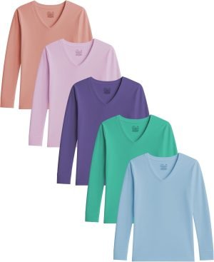 Sexy Basics Women’s Cotton Stretch Long Sleeve V- Neck Athletic Tops | Casual &...