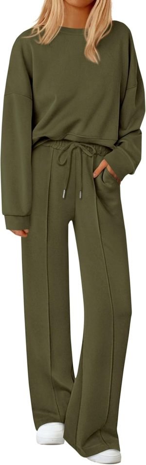 PRETTYGARDEN 2 Piece Sets For Women Fall Trendy Long Sleeve Sweatshirt Wide Leg Pants Loun...