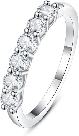 IMOLOE Lab Grown Diamond Wedding Bands for Women,0.66 Carat Ring 6 Stones Eternity Rings for Women in 18K White Gold Plated Sterling Silver Size 4-11
