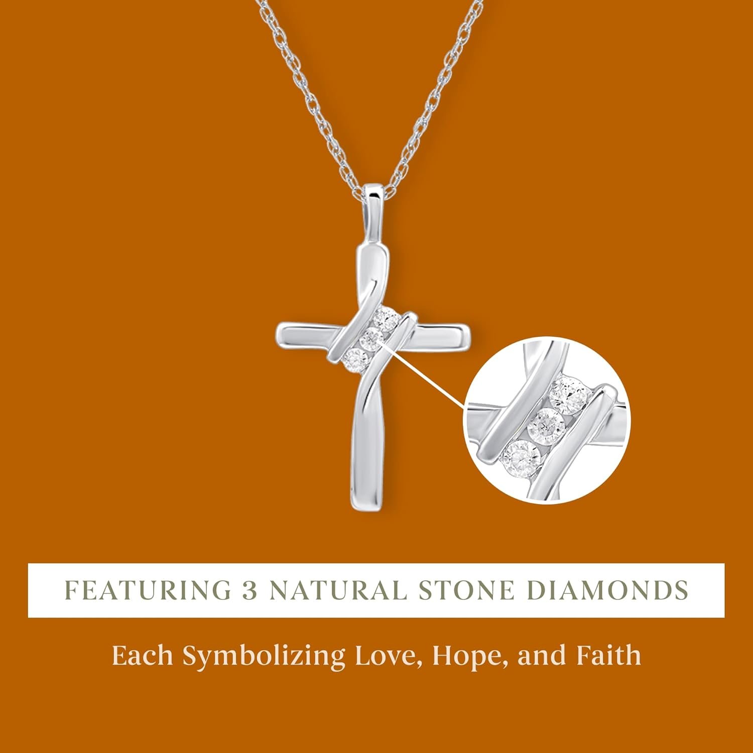 GILDED Small 10K White Gold Natural Round-Cut Diamond Accent (I-J Color, I2-I3 Clarity) 3 Stone Cross Pendant-Necklace,18" - Image 5