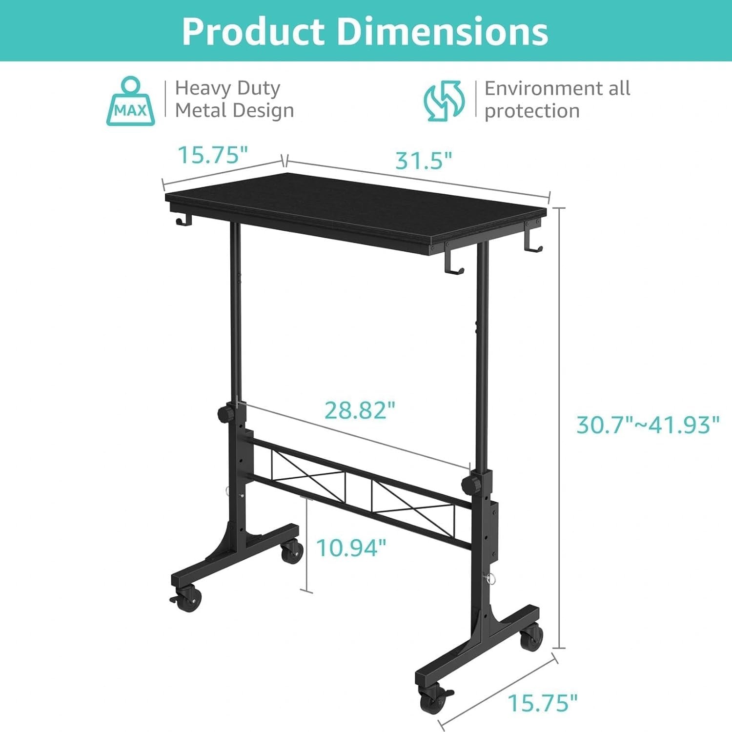 Small Portable Rolling Standing Desk - 32 Inch Adjustable Height Mobile Teacher Podium on Wheels for Classroom, Stand Up Desks for Treadmill Walking Pad, Couch Sofa Side Laptop Table, Black - Image 3