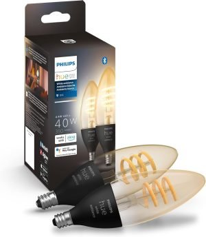 Philips Hue Smart 40W Candle-Shaped Filament LED Bulb – White Ambiance Warm-to-Cool White Light – 2 Pack – 270LM – E12 – Indoor – Control with Voice or App