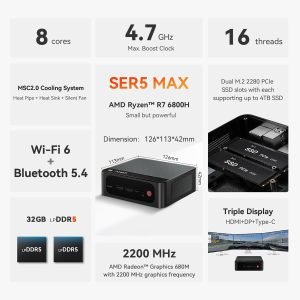 Beelink Mini PC, AMD Ryzen 7 6800H(8C/16T, Up to 4.7GHz), 16GB LPDDR5 RAM 500GB PCIe4.0 x4 SSD, SER5 MAX Desktop Computer Support 4K Triple Display/DP/HDMI/Type-C/WiFi 6/BT5.2/2.5GB LAN, Office/Home