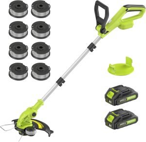 Electric String Trimmer Cordless with 2×2.0Ah Battery, 20V Battery Powered 12-inch Lawn Mover & Edger Lawn Tool with Charger, Powered Grass Trimmer with 8pcs Spool Line for Yard, Garden, Green