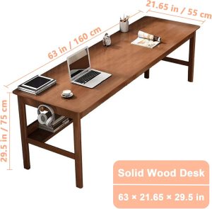 63″ Long Solid Wood Desk Mid Century Modern Desk, Home Office Computer Desk, Simple Solid Wood Writing Desk Study Table Workstation, Walnut