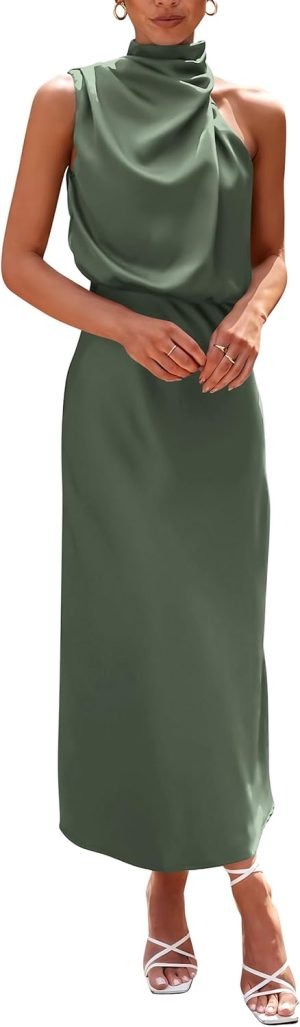 PRETTYGARDEN Women’s 2025 Summer Satin Dress Elegant Sleeveless Mock Neck Cocktail P...