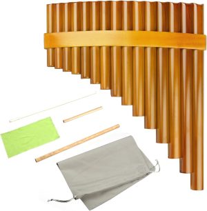 15 Pipes Brown Pan Flute G Key Chinese Traditional Musical Instrument Pan Pipes Woodwind Instrument (Left-Hand)