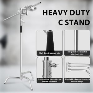 SH C Stand with Boom Arm, Heavy Duty Photography Light Stand, 6.8ft/210cm Stainless Steel C-Stand Kit with Sandbag, 2.8ft/87cm Boom for Studio Softbox and Reflector, Silver