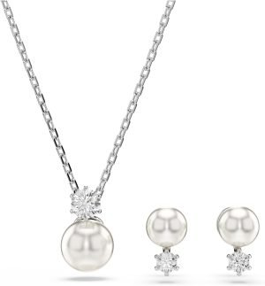 Swarovski Matrix Jewelry Set, Tennis Bracelet, Earrings, Clear Round Cut Crystals With Pearls, Rhodium Finish