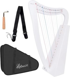 Lyre Harp,15 strings 22 inch Solid Birchwood Musical Instrument Height For Adult Kids Beginner with Tuning Wrench Black Gig Bag Strap (White)