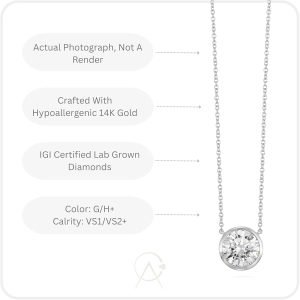 IGI Certified 1/4 to 3 Carat Lab Grown Diamond Round Solitaire Pendant Necklace for Women I 14k Gold Necklace (G-H, VS1-VS2, cttw) I 16 to 18 Inch adjustable Long Chain