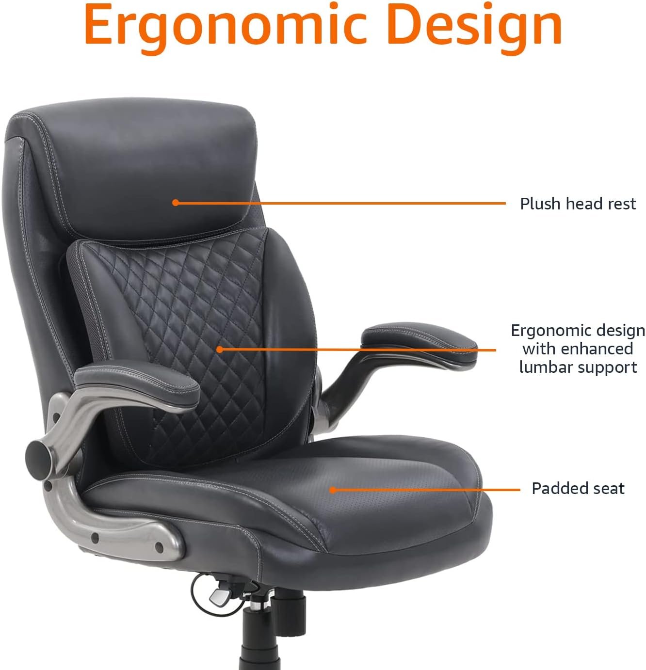 Amazon Basics Ergonomic Executive Office Desk Chair with Lumbar Support, Flip-up Armrests, Adjustable Height, Grey Leather - Image 3