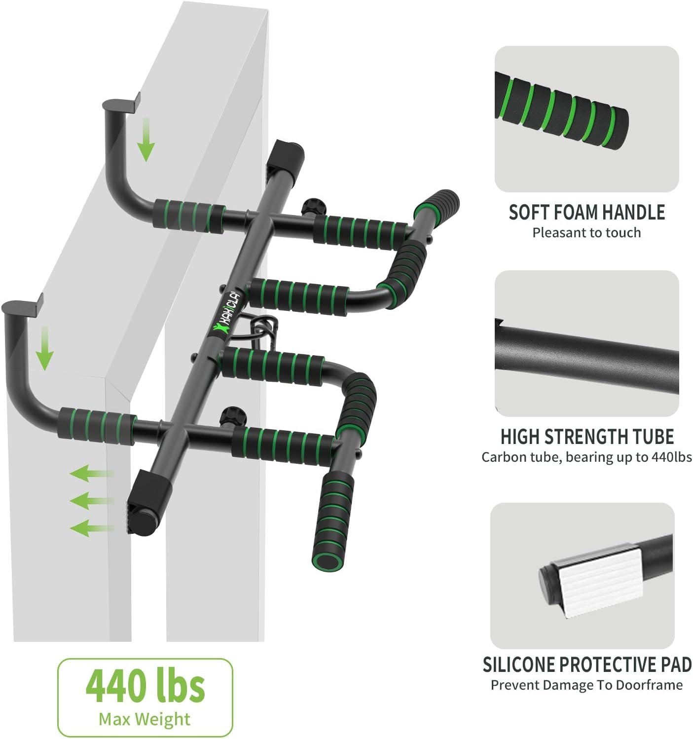 New Upgrade Pull Up Bar for Doorway with Ergonomic Grip - Upto 440 Lbs Capacity, No Screwing or Slipping - USA Original Patent, Designed, Shipped, Warranty - Image 3