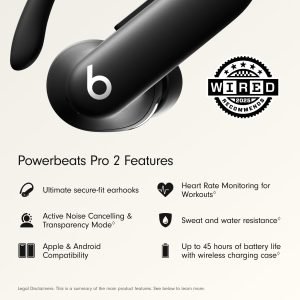 Beats Powerbeats Pro 2 – Wireless Noise Cancelling Workout Earbuds with Secure- Fit Earhooks, Up to 45-Hour Battery with Charging Case, Sweat & Water Resistant, Heart Rate Monitoring – Jet Black