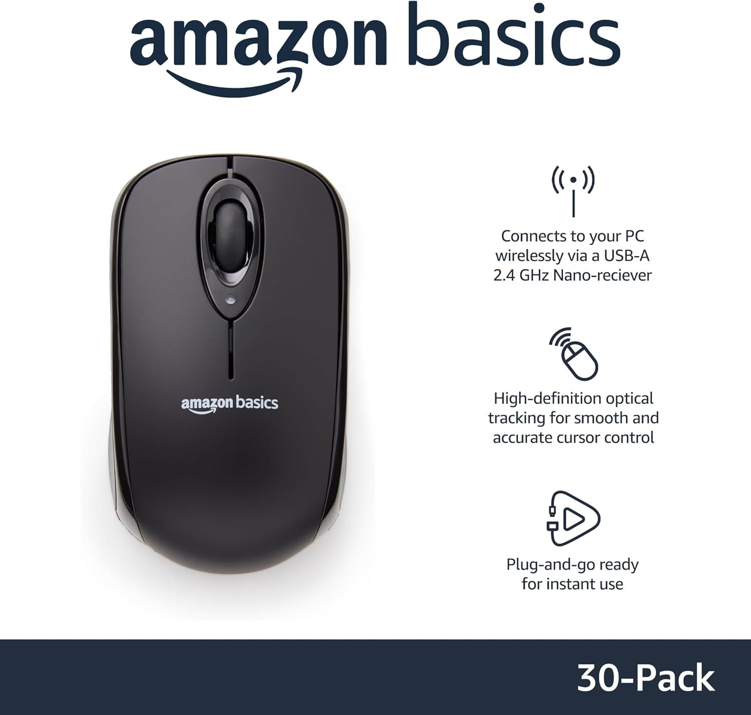Amazon Basics 2.4 Ghz Wireless Optical Computer Mouse with USB Nano Receiver, Black, 30 Pack - Image 2