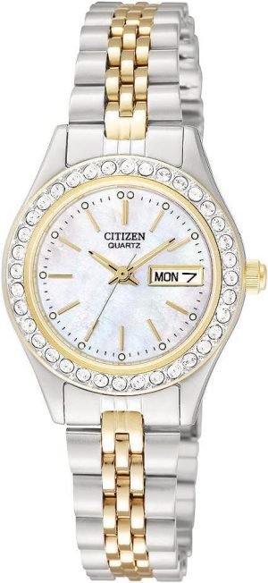 Citizen Ladies’ Dress Quartz Stainless Steel Bracelet with Crystals and Day Date
