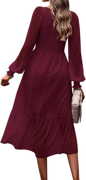 PRETTYGARDEN Women’s Fall Dresses 2025 Long Sleeve V Neck Swiss Dot Empire Waist Chi...