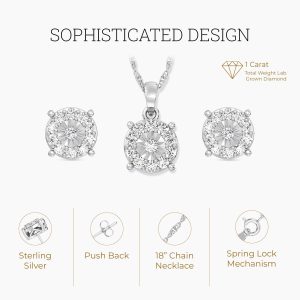 GILDED 1 CTTW Lab-Grown Diamond Round Necklace & Earring Set, Sterling Silver or 14K Gold-Plated, 18″ Chain, Tarnish-Resistant, Elegant & Ethical Jewelry for Women, Gift-Boxed, Perfect for Gifting