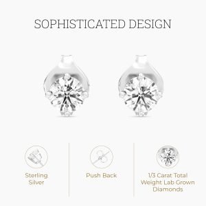 Gilded Lab-Grown Diamond Stud Earrings for Women| 925 Sterling Silver Studs and 14KT Gold 925 Plated Silver | Hypoallergenic Fine Jewelry | 4-Prong Basket, Push Back Nut | Round Cut, SI1 Clarity, F Color | 1/10,1/5,1/4,1/3,3/8,1/2,3/4,7/8,1 Carat Total Weight
