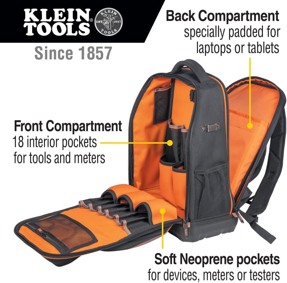 Klein Tools 62805BPTECH 28-Pocket Laptop Backpack Tool Bag, Tradesman Pro Extra-Large Tech Tool Backpack with Molded Bottom, Charging Port - Image 2