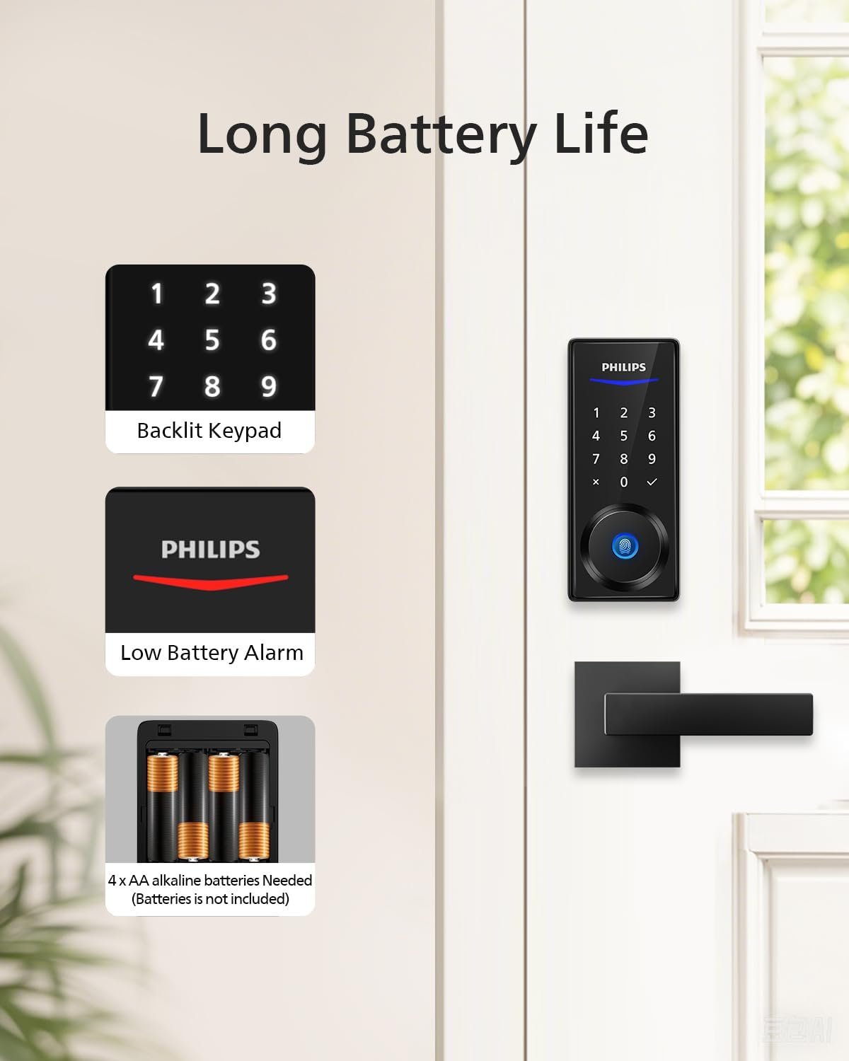Philips Smart Lock with Handles, Keyless Entry Door Lock Set, Smart Door Lock with 2 Level Handles, Digital Keypad Deadbolt for Front Door, App Fingerprint PIN Code Unlocking, Auto Locking - Image 8