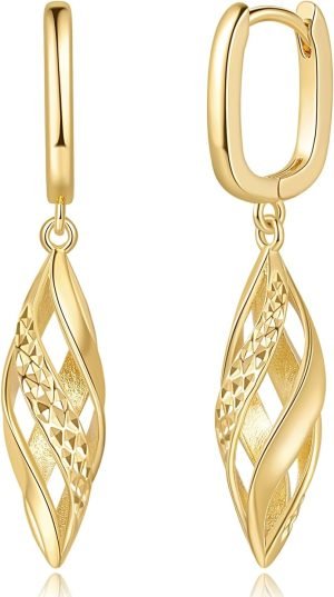 Gold Hoop Earrings 14K Gold Hoop Earrings for Women Dangle Drop Earring for Women Rhombic Twisted Hollow Shape Drop Earring for Womens Dangling 40mm