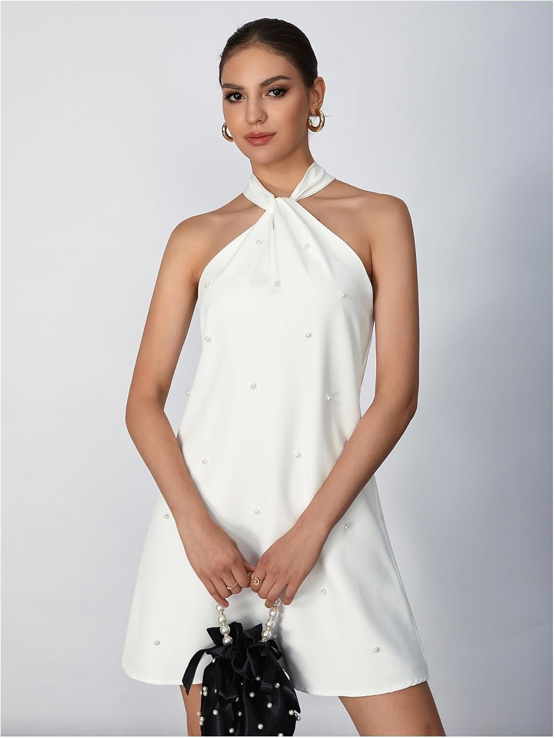 Floerns Women's Pearl Beaded Halter Twist Sleeveless Tie Back Dress A Line Dress - Image 4