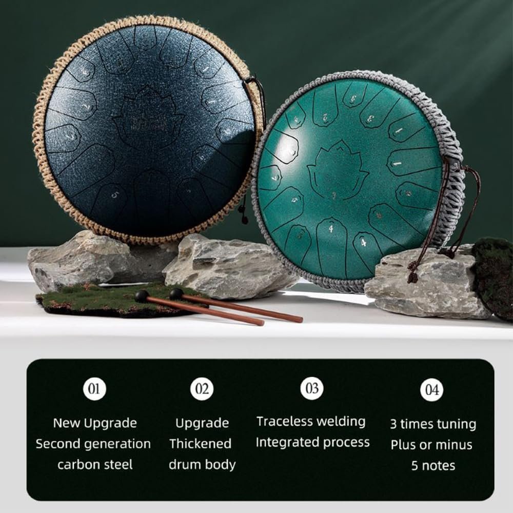 Konrisa 13 Inch 15 Notes Steel Tongue Drum Percussion Instruments C Major, Steel Drum Musical for Meditation Yoga Zen, Hand Pan Instruments with Drum Mallets and Carry Bag (Green) - Image 2
