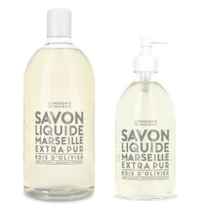 Compagnie de Provence Savon de Marseille Extra Pure Liquid Soap – Olive Wood – 16.7 Fl Oz Glass Pump Bottle and 33.8 fl oz Plastic Bottle Refill