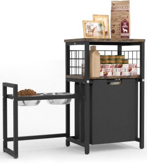 30.6Long x 26.2 High Elevated Dog Bowl Stand with Pet Food Storage Organizer, Adjustable Raised Feeding Station with Toy Basket for Large Medium Small Dogs and Cats, Black